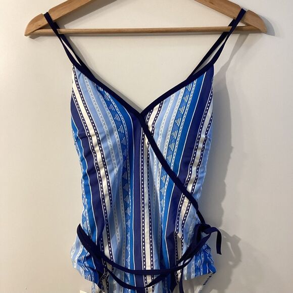 Lemlem Eshal Wrap Effect Stretch Jacquard Swimsuit Blue Striped Swimsuit - Picture 11 of 15